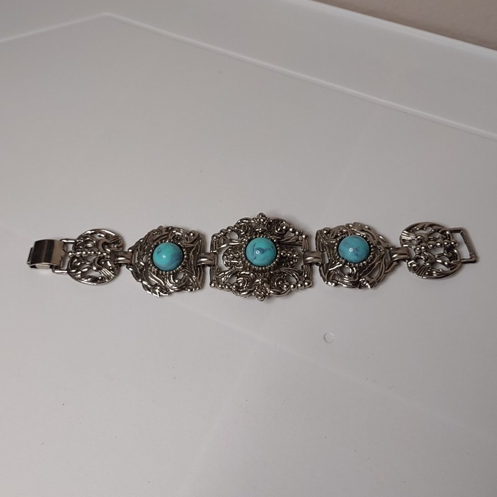 Blue Plastic And Silver Tone Metal Large Bracelet